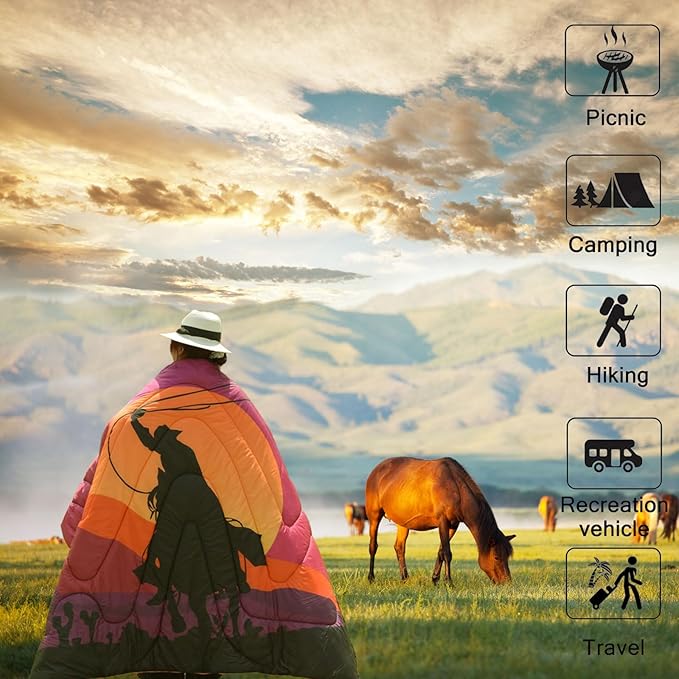 Camping Blanket, Puffy Waterproof Travel Blanket, Warm Cozy Picnic Blanket, for Outdoors, Travel, and Mountain.(West Cowboy, 78" x 56")
