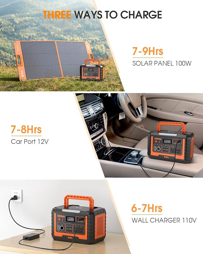 EBL Portable Power Station 500, 519.4Wh Outdoor Solar Generator with 110V/500W AC Outlet for Home Use, Emergency Backup, Camping