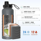 24oz Stainless Steel Insulated Water Bottle, 48H Ice Cold & 24H Hot, Leak-Proof Wide Mouth Lids (Straw & Spout), BPA-Free Bottles, Mens Water Bottle for Gym, Hiking, Travel - Grey