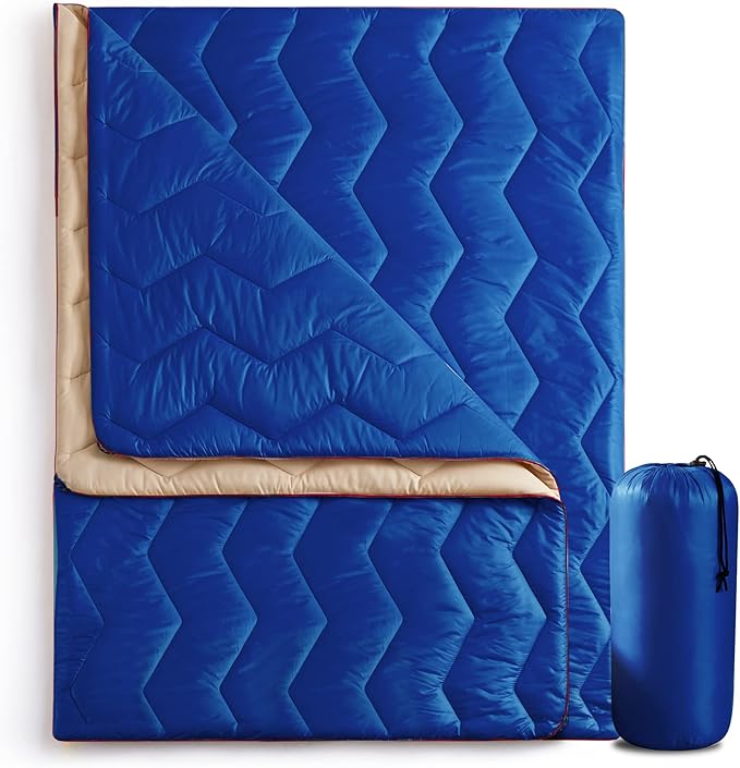 UNIKOME Outdoor Packable Travel Blanket, Lightweight Waterproof Puffy Down Alternative Camping Blanket With Corner Loops, 75'x52', Blue