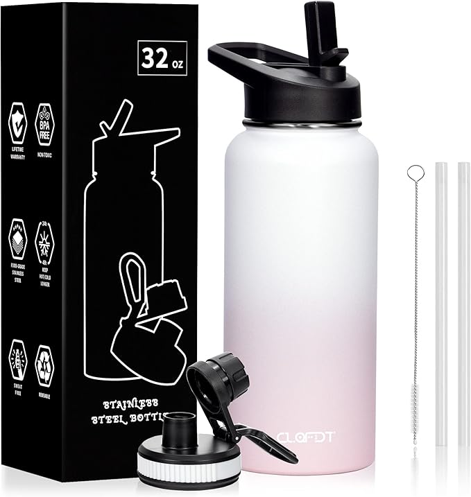 32oz Vacuum Insulated Stainless Steel Water Bottles with Straw & Spout Lids, Double Wall Sport Bottle, Sweat-Proof BPA Free, Canteen Metal Thermo Mug Hydro Cup Jug (Dreamy Pink)
