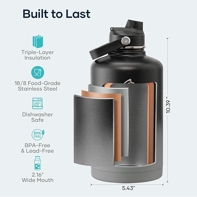 Insulated Water Bottle with Straw Lid, Modern Double Vacuum Stainless Steel Water Flask, Simple Half Gallon Water Jug, Metal Thermo Canteen Mug,87oz Sports Bottle