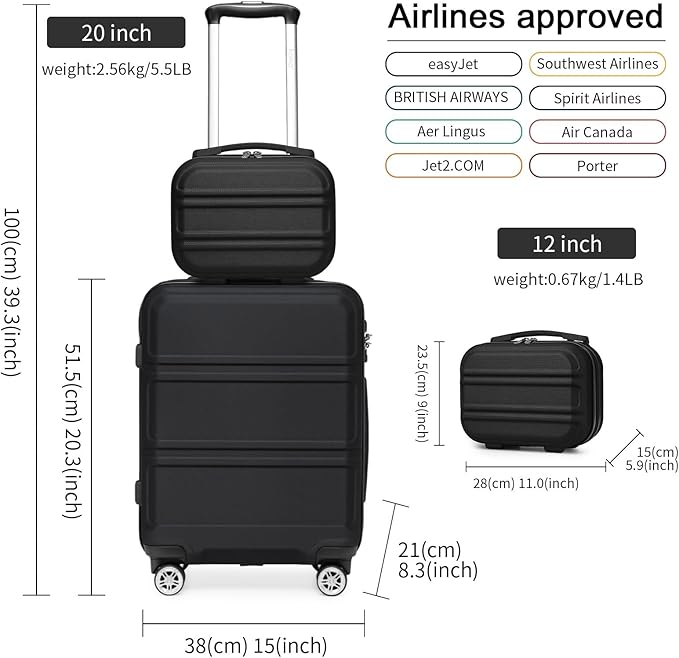 Kono Carry On Luggage Set Lightweight Airline Approved Carry On Suitcase with TSA Lock Spinner Wheels Durable Luggage Hardside Black