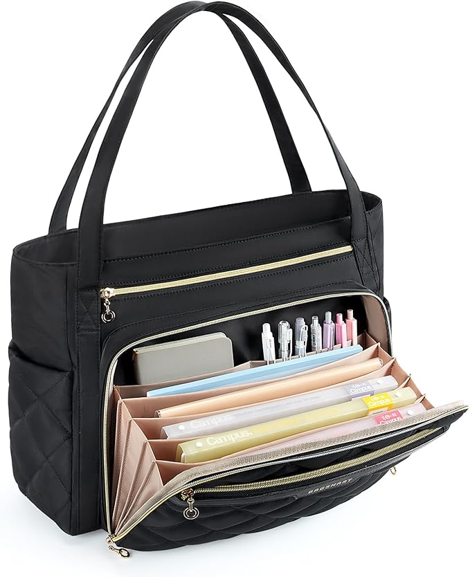 BAGSMART Teacher Tote Bag for Women 15.6in Quilted with Insulated Pocket & Nurse Bag Features (Black)