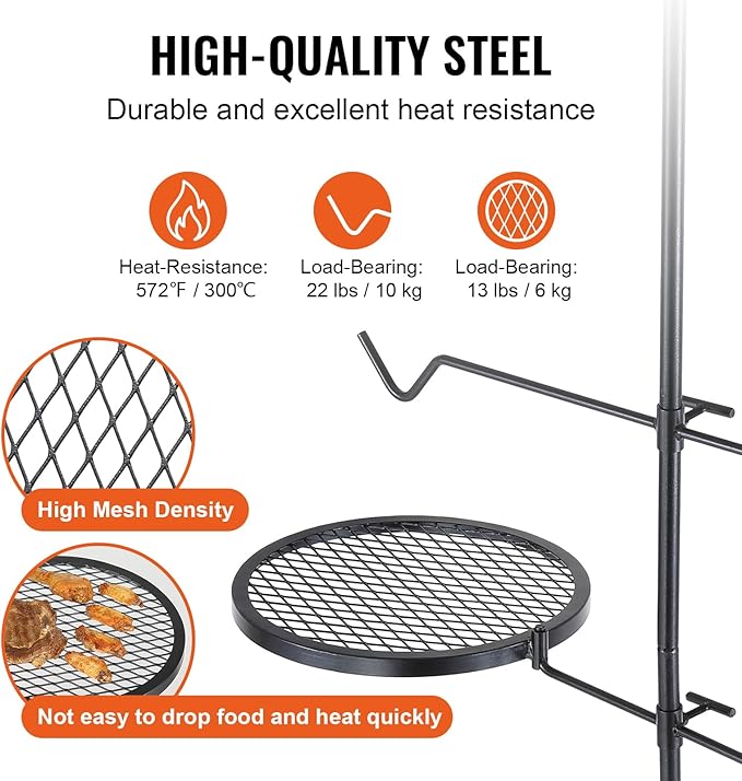 VEVOR Swivel Campfire Grill, Fire Pit Grill Grate over Fire Pits, Heavy Duty Steel Grill Grates, 360° Adjustable Open Fire Outdoor Cooking Equipment, Portable Camp Fire Racks for Camping Outdoor BBQ