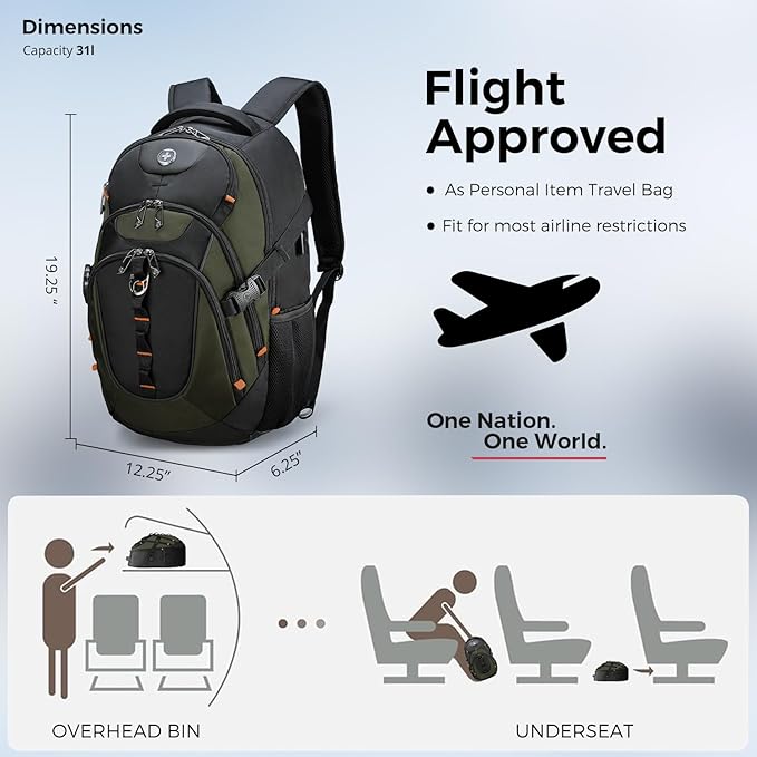 Swissdigital Design Laptop Backpack with USB Charging Port, Travel Backpack Fits 15.6 inches Computer, 31L College School Backpack for Men, Olive/Black | SD803-26