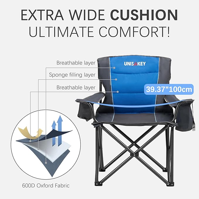 Oversized Folding Camping Chair for Adults - 450lbs Support - Heavy Duty Portable Lawn Chairs with Side Pocket Cup Holder Cooler Bag for Sports Garden Beach Fishing, Blue