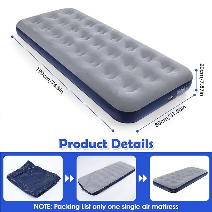 Camping Air Mattress Inflatable Air Bed Flocked Surface Travel Bed Sleeping Pad Air Bed for Outdoor Camping Tent Guest Travelling（Navy Blue ）