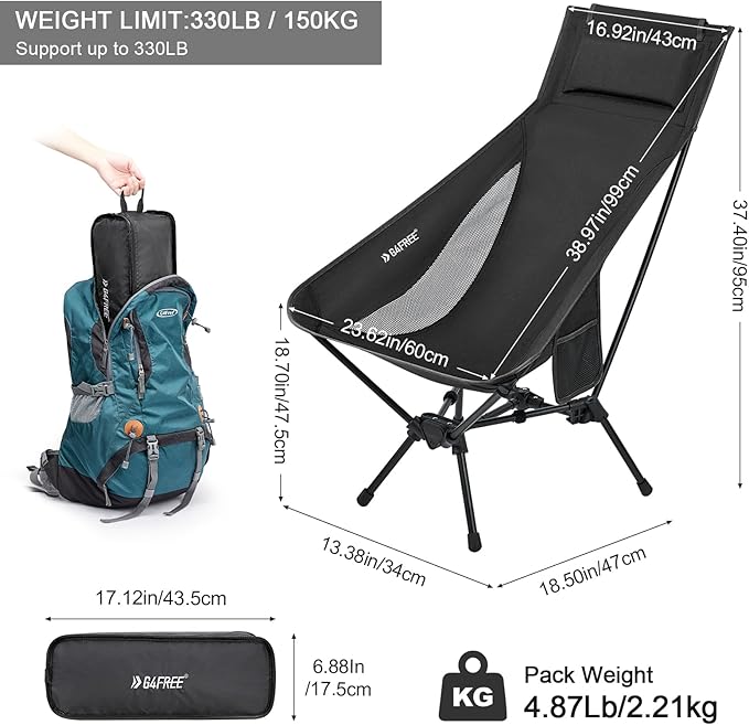 G4Free 2 Pack Folding Lightweight Camp Chair High Back Camping Chair Backpacking Chair Heavy Duty 330lbs with Headrest Pocket Black