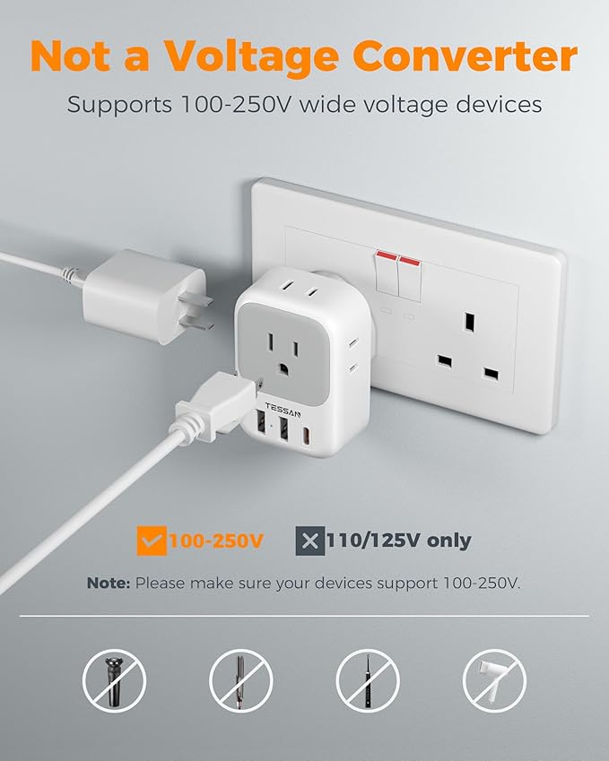 US to UK Plug Adapter PD 20W, TESSAN Type G Travel Converter with 3 USB Charger(1 USB C Port), 4 Outlets Power Adaptor for USA to Qatar Ireland Hong Kong England Scotland Kenya Dubai London British
