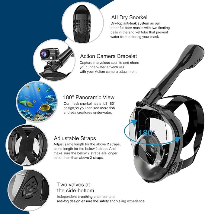 Full Face Snorkel Mask, Diving Mask for Kids and Adults,180° Panoramic View Snorkel Mask with Camera Mount, Safe Breathing, Anti-Leak&Anti-Fog