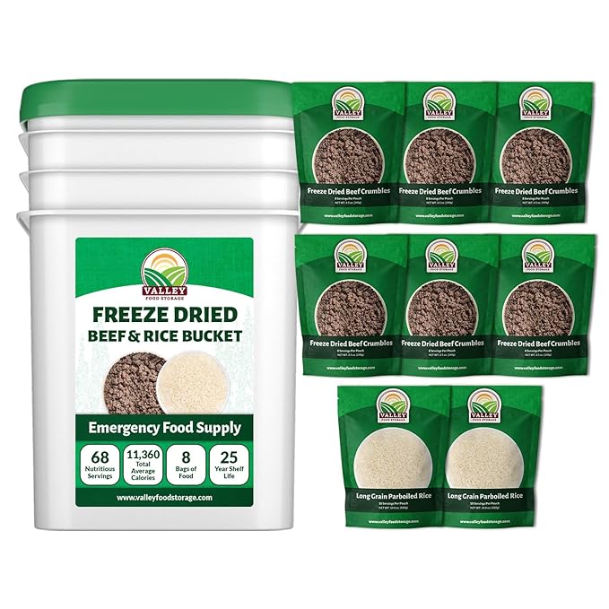 68 Serving Freeze Dried Beef & Rice Bucket | Premium Emergency Food Supply, Contains 924 g Protein | Non-GMO Survival Food 25 Year Shelf Life | Prepared Foods Survival Kits from Valley Food Storage