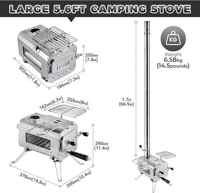 KingCamp Hot Tent Stove, Foldable Camping Stove with Large Firebox, 5.6ft Winter Camping Stove for Tent, Shelter, Cabin Heating, With Chimney Pipes, Heat Resistant Glass & Gloves for Outdoor