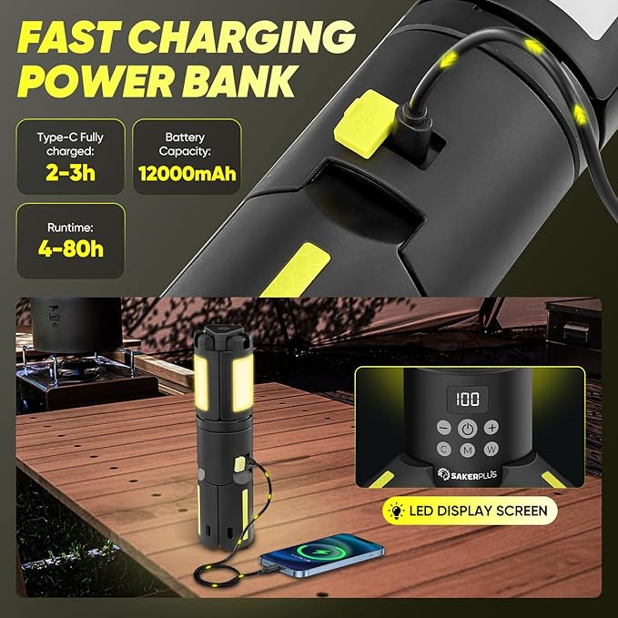 Portable Camping Lights with Stand, 5000LM Rechargeable LED Flashlight, 9 Color Modes, Collapsible Camping Lantern Tent Light with Magnetic Base for Power Outages, Camping & Emergency(Black)