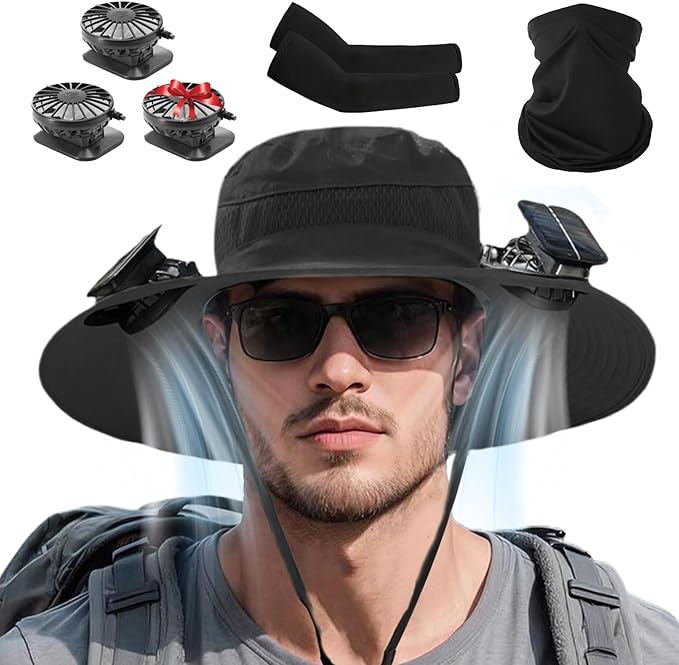 Solar Fan Hat for Men,Wide Brim Sun Hat with 3 Solar Fans,Neck Gaiter and Arm Sleeves,Fishing Hat with Solar Fans Built in,Outdoor Fishing Hiking Gardening Cool Hats Black