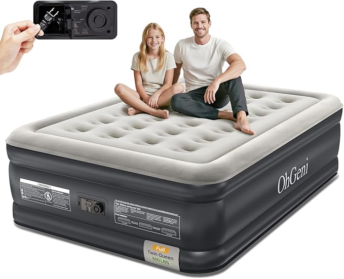 OhGeni Air Mattress Full with Built-in Pump,18'' Comfortable Blow Up Colchones Inflables Mattress for Home,Guests,Foldable,Portable Bed for Adults,Durable Airbed Supports Up to 600 lbs,Black