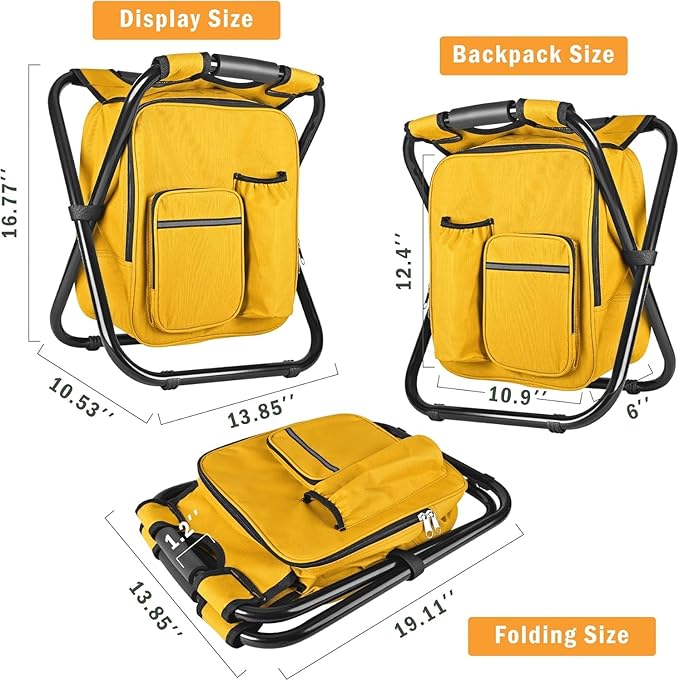 Kikerike Backpack Stool Cooler Chair Heavy Duty 400 LBS Max Load Portable Lightweight Stool Backpack Folding Fishing Cooler Seat for Camping Hunting Fishing - Yellow