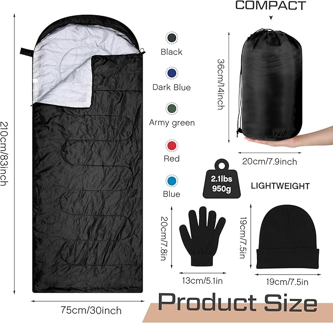 Tranqun Sleeping Bags for Adult with Winter Beanies Gloves, Cotton Liner Camping Sleeping Bag Waterproof Warm Lightweight for Backpacking Camping Indoor Outdoor Homeless People