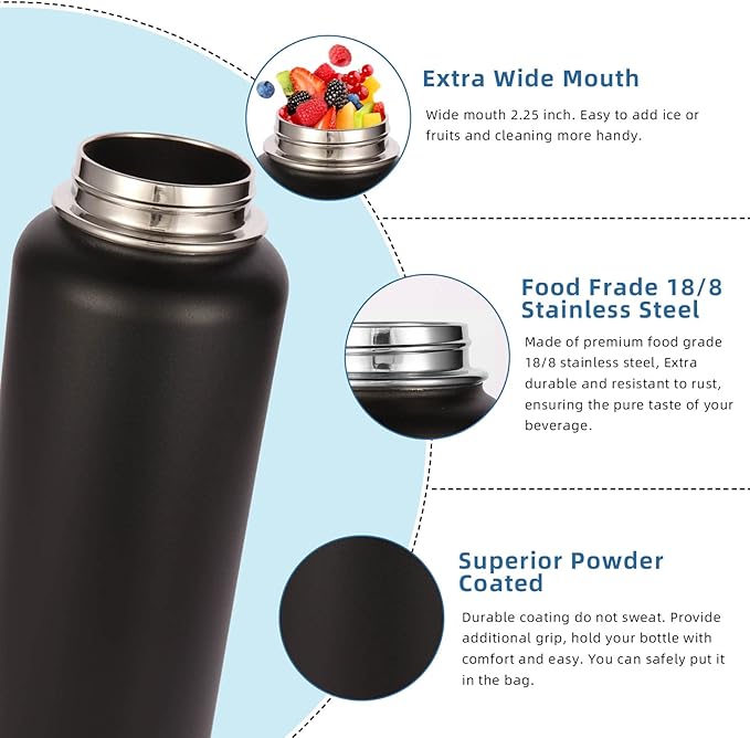 Volhoply Insulated Water Bottles Bulk 2 Pack, 40 oz Stainless Steel Sports Bottle with Paracord Handle & Spout Lid,Metal Travel Water Cups with Wide Mouth,Reusable Big jug for Adults(Black,2 Set)