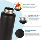 Volhoply Insulated Water Bottles Bulk 2 Pack, 40 oz Stainless Steel Sports Bottle with Paracord Handle & Spout Lid,Metal Travel Water Cups with Wide Mouth,Reusable Big jug for Adults(Black,2 Set)