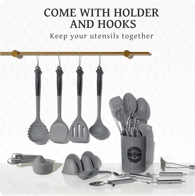 Kikcoin 43Pcs Large Kitchen Utensils Set - Silicone Cooking Utensils Set, Dishwasher Safe Spatula Set for Non-stick Cookware, 446°F Heat Resistant Kitchen Utensils Set with Holder BPA Free, Grey