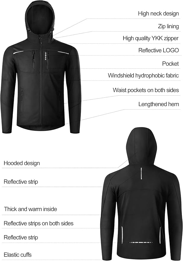 INBIKE Hooded Cycling Bike Jacket Men Running Biking Windbreaker Reflective Windproof Thermal Fleece Lined Bicycle Coat