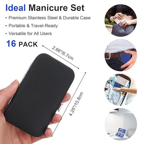 16 Pack Manicure Set Bulk – Professional 8-in-1 Stainless Steel Nail Clippers Kit with Travel Case, Grooming Pedicure Tools for Men & Women – Ideal Personal Care Gift (Black, Dark Red, Blue, Brown)