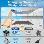 Rhino Valley Beach Tent Shade Canopy UPF50+ Protection, 8 Sandbags, 4 Stability Poles, Outdoor Sun Shelter Umbrella for Sand, Camping, Fishing Essentials