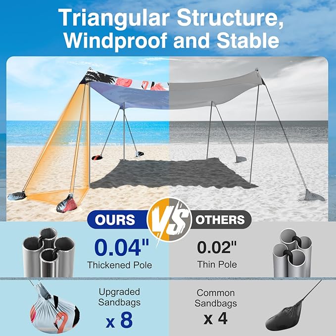 Rhino Valley Beach Tent Shade Canopy UPF50+ Protection, 8 Sandbags, 4 Stability Poles, Outdoor Sun Shelter Umbrella for Sand, Camping, Fishing Essentials