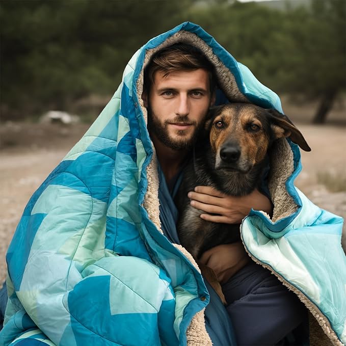 Outdoor Camping Blanket with Sherpa Lining, Extra Warm Thick Camp Blankets and Puffy Ultralight Soft Poncho DWR Camping Quilt for Cold Weather, Adventure, Sleeping, Backpacking 78"x 56"