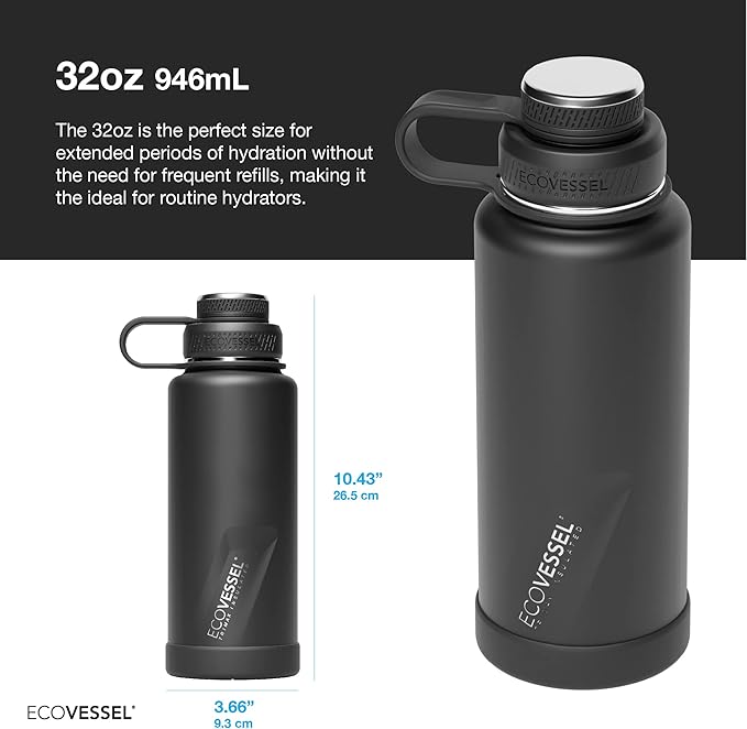 EcoVessel Stainless Steel Water Bottle with Insulated Dual Lid, Insulated Water Bottle with Strainer and Silicone Bottle Bumper, Coffee Mug (Minted Palm, 32 oz)