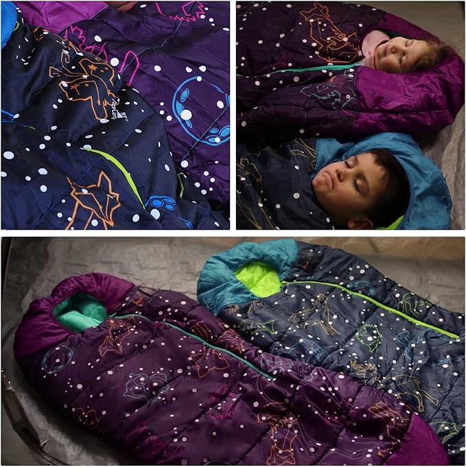 AceCamp Glow in The Dark Mummy Sleeping Bag for Kids and Youth, Temperature Rating 30°F/-1°C, Water-Resistant for Camping, Hiking, and Slumber Party