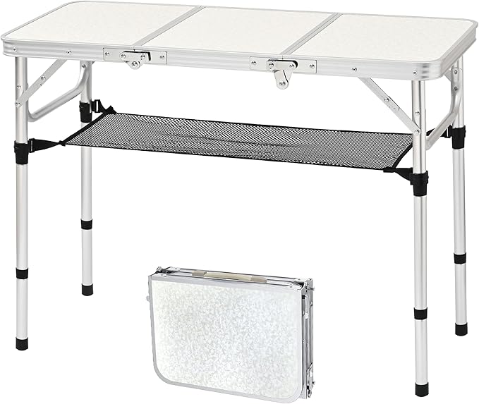 Folding Camping Table, 35''L x16''W Camp Aluminum Table with Adjustable Height Legs, Indoor Outdoor Lightweight Portable Folding Dining Table for Camp Picnic Beach Cooking 3Ft（3 Heights 10"/20"/27"）