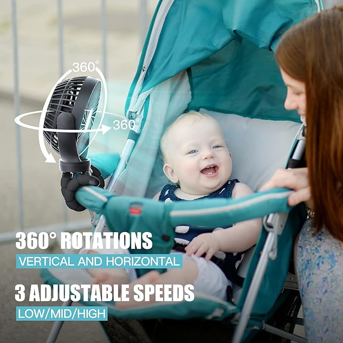 FRIZCOL Portable Stroller Fan, Use As Power Bank, 65H 12000mAh Battery Operated Fan Flexible Tripod Baby Car Seat Fans with Timming, Personal Mini Handheld/Desk/Small Clip On Fans For Stroller