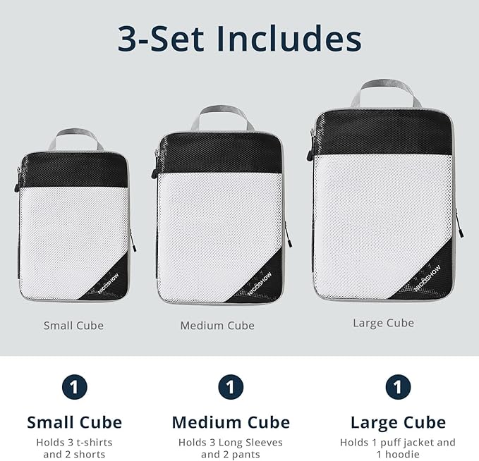 3 Set Compression Packing Cubes for Travel - Compressible, Lightweight, and Space-Saving Packing Cubes, Travel Essentials for Women, Black