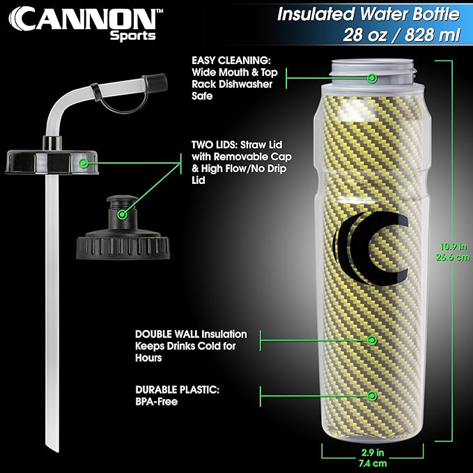 Cannon Sports 28oz Insulated Squeeze Water Bottle with Straw, Leak Proof Lids, 2 lids (Straw and Squeeze), Double Wall Insulation, Wide Mouth, BPA-Free (2 Pack) (Yellow)