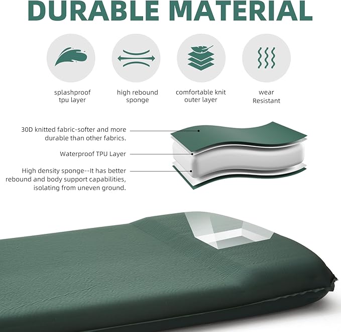 3.15" Self Inflating Camping Sleeping Pad, Ultra-Thick Elasticity Foam Fast Inflating 4-Season Insulated Durable Camping Mat Air Mattress with Pillow, for Tent, Car, Camping, Traveling, Green