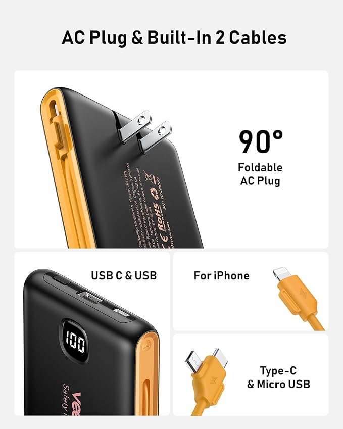 Portable Charger Power Bank Built in Cables and Wall Plug, 10000mAh Phone Battery Pack Fast Charging, USB C External Slim PowerBank, Travel Essentials Compatible with iPhone 17 16 15 14 Samsung iPad