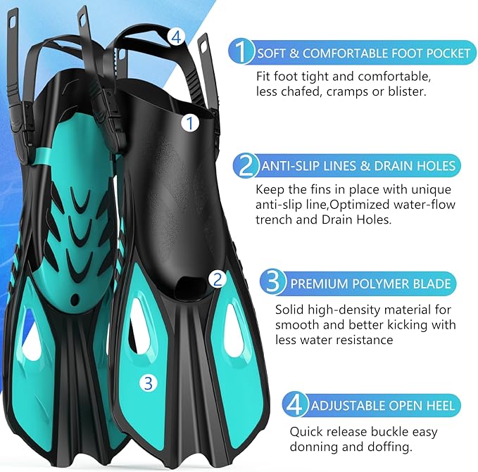 Snorkeling Gear for Adults Men Women, 3 in 1 Snorkel Set with Panoramic View Diving Mask Anti-Fog Anti-Leak, Snorkel Mask Dry Top Snorkel Fins for Swimming, Snorkeling and Travel Diving