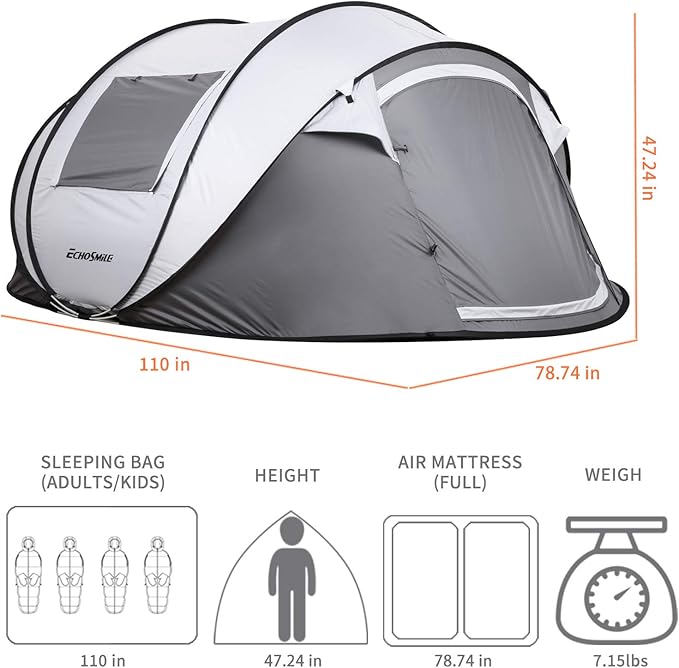 EchoSmile Instant Pop Up Camping Tent, 2/4/6 Person, Easy Setup Tent, Water Resistant Dome, Portable with Carry Bag