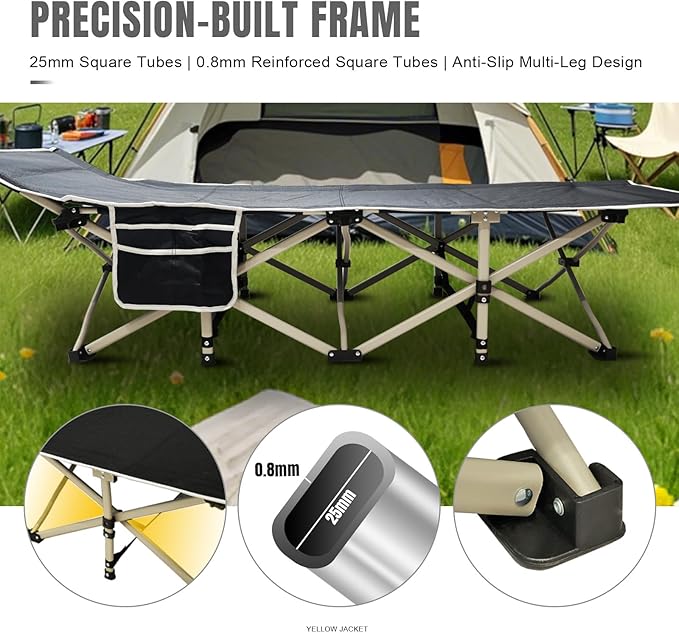 YELLOW JACKET Camping Cot with Mattress for Adults, Folding Sleeping Cot 600lbs Max Load, Portable Camping Cot with Carry Bag, 28" Wide Cot for Camping, Home,Office,Travel (Black)