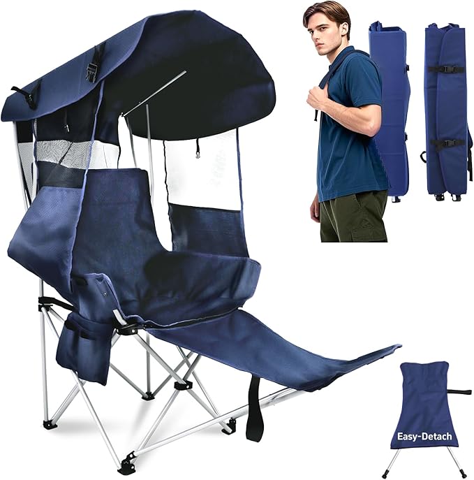 Folding Camping Chairs Canopy Outdoor: Sports Portable Beach Chair with Canopy-Lawn Beach Chairs with Umbrella for Adults-Camping Chair with Shade for Fishing Camp Heavy Duty (Casual, Navy Blue)