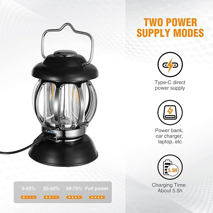 EverBrite Camping Lantern Rechargeable, Retro Metal Camping Light, 4400mAh Battery Powered Hanging Vintage Camping Lamp, 3 Light Modes, Outdoor Tent Light, Emergency Lantern for Power Outage - Black