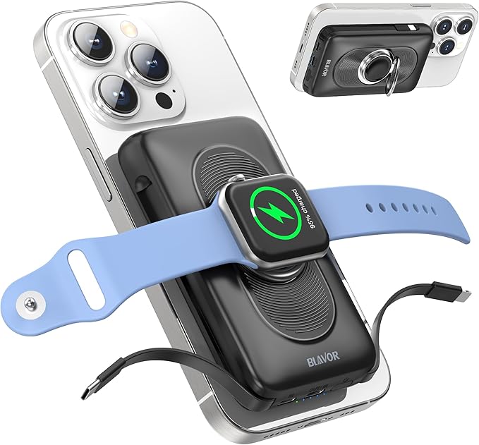 BLAVOR for Magsafe Portable Charger with Built-in Cables, USB C 20W Fast Charging, 10000mAh Magnetic Wireless Power Bank, Battery Pack with Stand for iPhone 16/15/14/13/12, Powerbank for Apple Watch