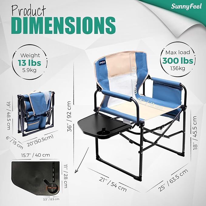 SUNNYFEEL Camping Directors Chair, Heavy Duty,Oversized Portable Folding Chair with Side Table, Pocket for Beach, Fishing,Trip,Picnic,Lawn,Concert Outdoor Foldable Camp Chairs