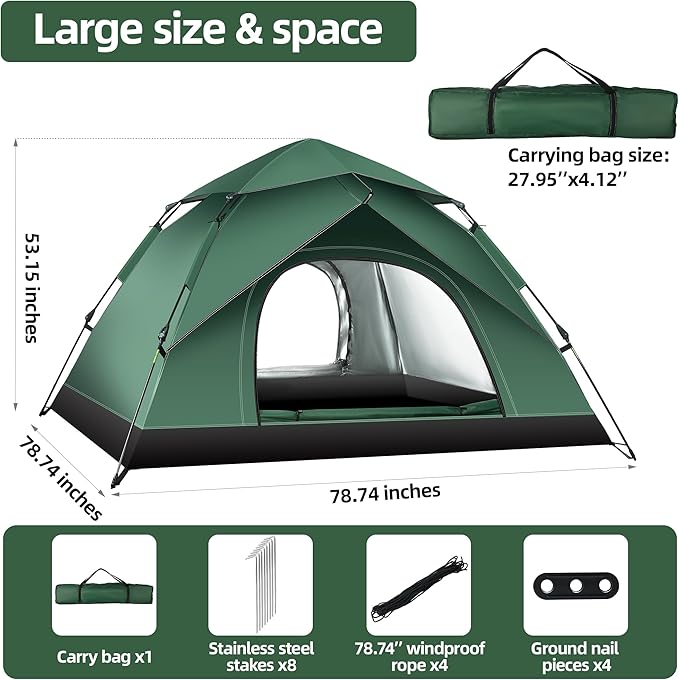 1-2 Person Instant Pop Up Tent, Quick Setup Lightweight Camping Tent for Solo or Duo, Waterproof Windproof Dome Tent for Hiking, Backpacking, Beach, Festival with Carry Bag