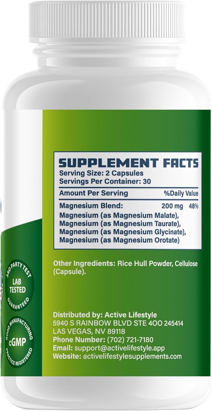 Active Lifestyle 4X Magnesium Supplement, Magnesium Glycinate, Taurate, Malate, Orotate Complex, Calm Sleep, GMO Free, Gluten Free, Soy Free, Dairy Free, Lab Tested, Made in USA