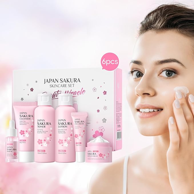LAIKOU Skin Care Set JAPAN SAKURA Women Beauty Gift Sets Skin Care Kit with Cleanser, Toner, Lotion, Serum, Eye Cream, Face Cream Travel Kit for Women Teen Girls Mom Daughter TSA-friendly Sizes 6pcs
