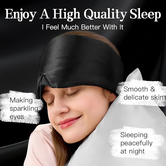 100% Mulberry Silk Sleep Mask, Complete Blackout, Adjustable Velcro Strap, Nasal Wing Design, Large Size, No Eye Cups, Perfect for Side Sleepers, Unisex (Black)