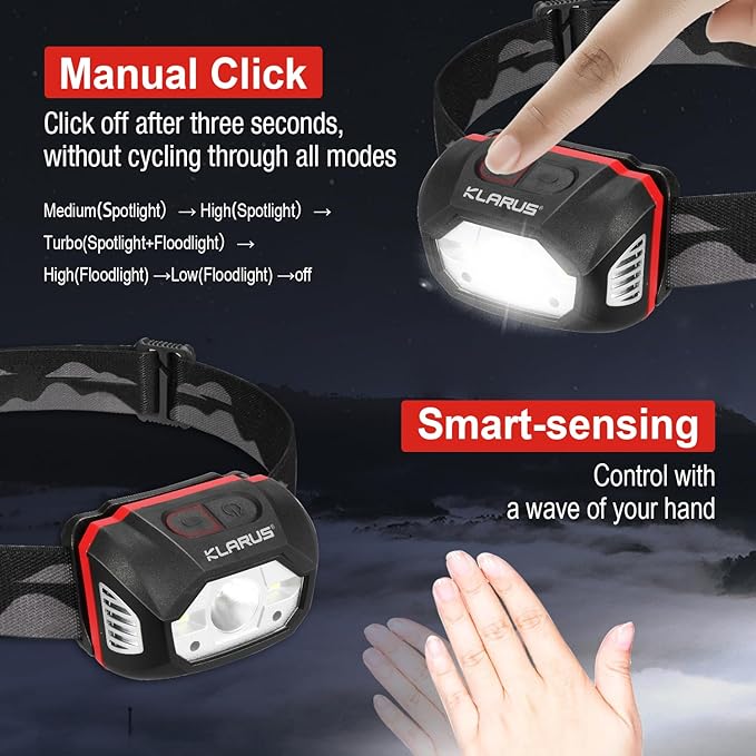 klarus HM1 2PCS IPX6 Waterproof Rechargeable Headlamp with Motion Sensor: 70 Hours Long Battery Life, Full Charge in 2.5 Hours, 440 Lumens Consistent Output, Shock and Drop Resistant